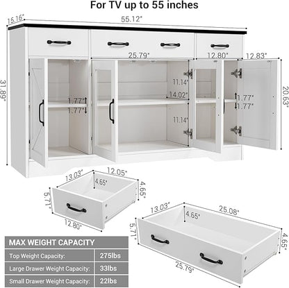 Homdox 55" Buffet Cabinet with Storage, Modern Farmhouse Sideboard with Adjustable Shelves and Glass Doors, Large Wood Coffee Bar Cabinet for Kitchen, Living Room, White