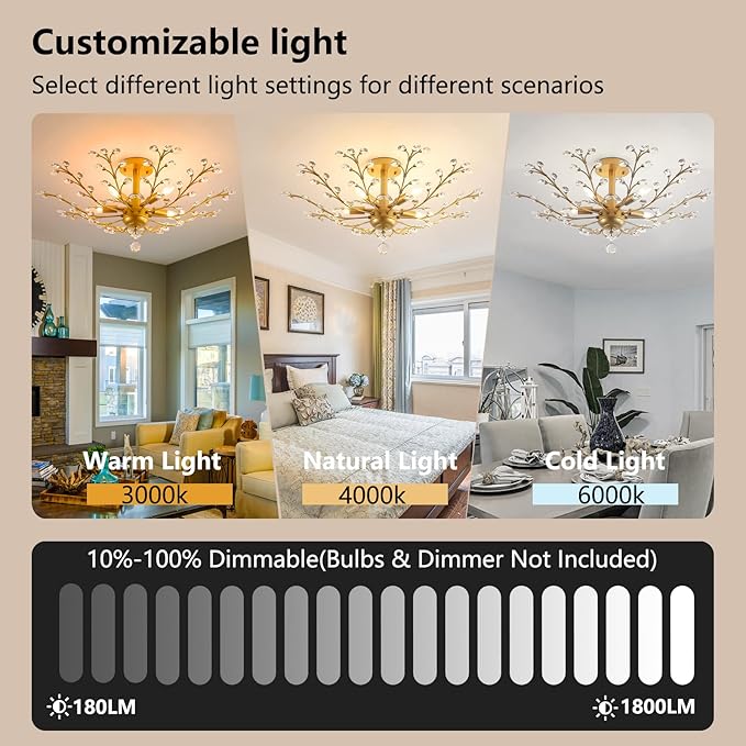 Modern 5 Light Small Crystal Chandelier 30 Inch Gold Semi Flush Mount Ceiling Light Fixture for Kitchen Dining Room Bedroom Entryway Living Room Hallway, E12