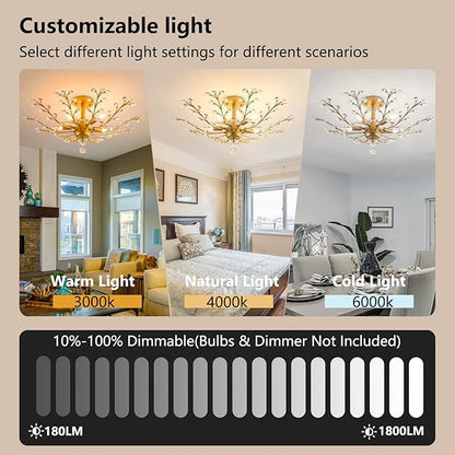 Modern 5 Light Small Crystal Chandelier 30 Inch Gold Semi Flush Mount Ceiling Light Fixture for Kitchen Dining Room Bedroom Entryway Living Room Hallway, E12