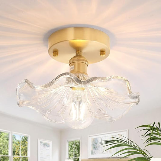 Shenmoyl Semi Flush Mount Ceiling Light, Gold Hallway Vintage Fixture With Clear Water Lily Glass, Bulb Included, 4.72" Base Modern Light for Porch Kitchen Bedroom