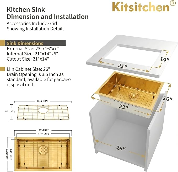 Kitsitchen Gold Kitchen Sink,SUS304 Stainless Steel RV Undermount Kitchen Sink with Strainers & Bottom Gird, 23" x 16" x 7" Single Bowl Kitchen Sinks,7 inch Depth for RV, Outdoor,Bathroom,Camper