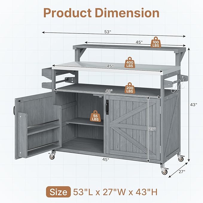 Zevemomo Outdoor Grill Cart with Raised Shelf, Stainless Steel Tabletop Outdoor Kitchen Island, Outdoor Buffet Cabinet with Lockable Wheels, Internal Storage Rack, Spice Rack for Grilling, Grey Blue