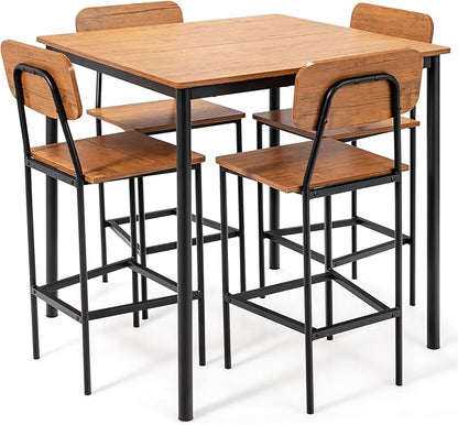 KOTEK 5-Piece Counter Height Dining Table Set, Industrial Kitchen Table and Chairs for 4, Space-Saving Dinette Set with Bar Stools for Dining Room, Pub, Restaurant (Walnut)