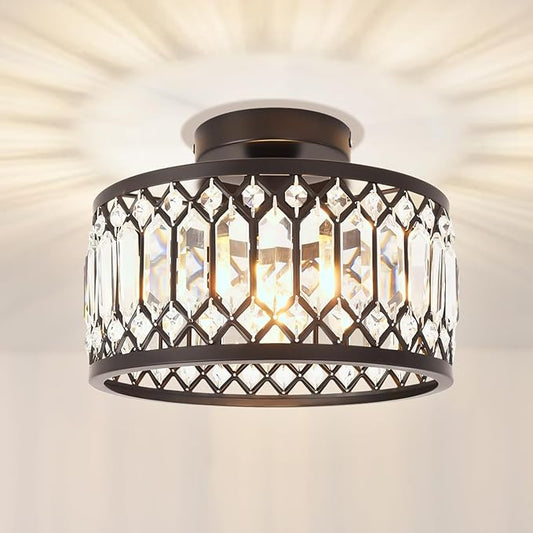 ANWIO Crystal Black Ceiling Light Fixture, Modern Semi Flush Mount Ceiling Light, Crystal Chandelier for Kitchen Bedroom Bathroom Entryway, 10.63inch