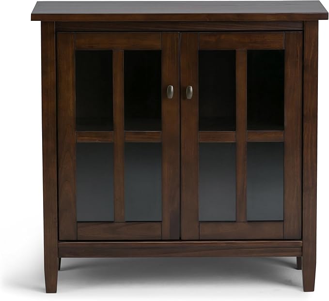 SIMPLIHOME Warm Shaker Storage Cabinet - 32 inch Wide Solid Wood 2-Shelf Low Storage Cabinet in Tobacco Brown, Transitional Accent Cabinet for Entryway with Tempered Glass Doors and Shelves