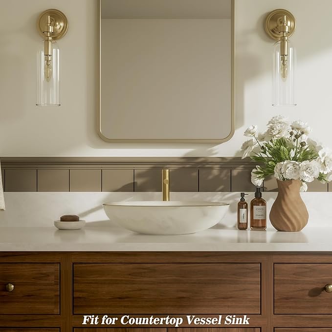 Phiestina Brushed Gold One Hole High Bathroom Vessel Sink Faucet, Single Hole Single Handle Tall Bathroom Faucet, with Pop Up Drain and Water Supply Line,FH01-BG-V