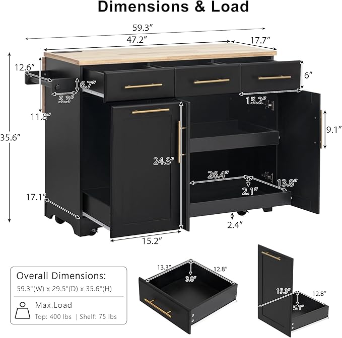 JIJIWANG 59.3" Kitchen Island with Storage 2 Pull Out Cabinet Organizers & Rubber Wood Drop Leaf, Rolling Island with Trash Can Storage, Power Outlet, Spice & Towel Rack for Kitchen, Dining, Black