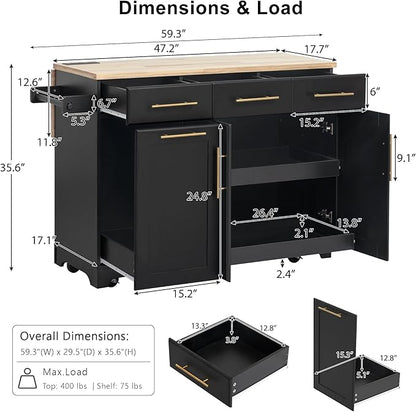 JIJIWANG 59.3" Kitchen Island with Storage 2 Pull Out Cabinet Organizers & Rubber Wood Drop Leaf, Rolling Island with Trash Can Storage, Power Outlet, Spice & Towel Rack for Kitchen, Dining, Black