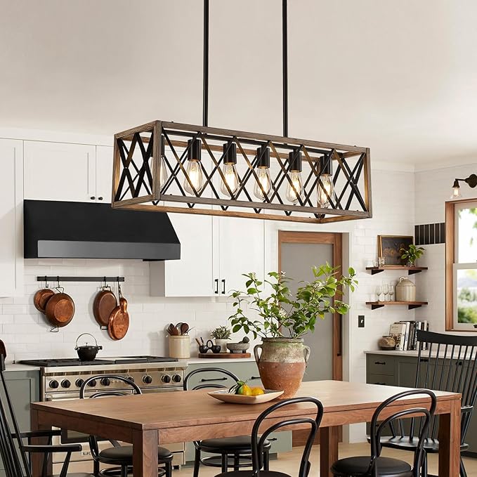 Farmhouse Dining Room Light Fixtures,Rustic Vintage Antique Linear Chandeliers for Dining Room,Kitchen Island,Bar,Office Coffee Shop,Oak White and black Adjustable Hanging Pendant Light 6-Lights