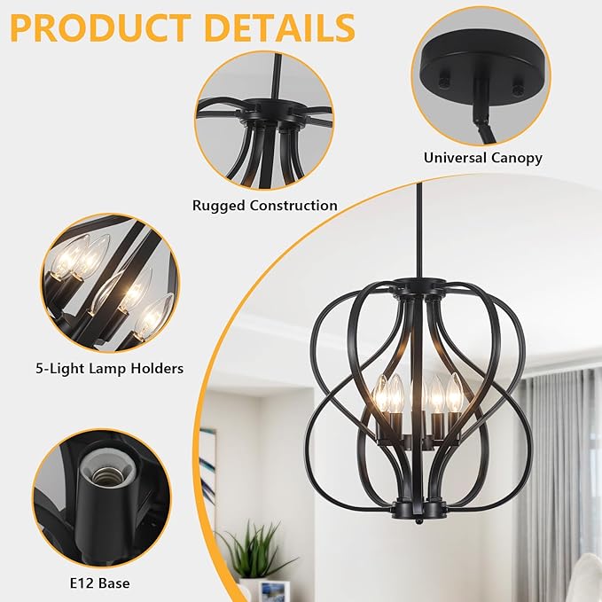 18.5 inch Modern Farmhouse Chandelier for Dining Room, 5-Light Black Chandelier with Metal Cage Adjustable Industrial Drum Hanging Pendant Lights for Kitchen Island Entryway Hallway Bedroom Foyer