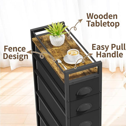 LASZOLA 5 Drawer Narrow Dresser Slim Cabinet Skinny Storage Tower Chest, Ideal for Small Spaces Bathroom, Between Washer and Dryer, Lightweight Mobile on Wheels, Sturdy Fabric Drawers, Black