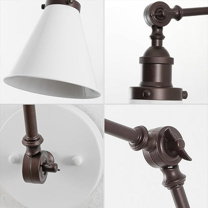 JONATHAN Y 7" White/Oil Rubbed Bronze Classic Industrial Metal Adjustable Arm LED Wall Sconce for Bedside Reading, Farmhouse Swing Arm Wall Lamp with Metal Shade, Hardwired (JYL7462C)