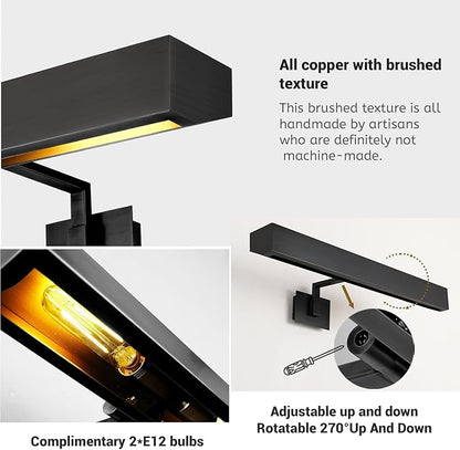 18" Picture Light Black Picture Light Hardwired, 2-Light Bronze Art Lights Dimmable Frame Lights for Wall, 3000k Gallery Light Art Frame Light 270° Gallery Lamp for Bathroom, Living Room, Hallway