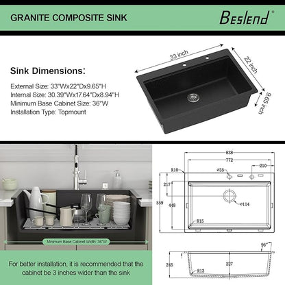 33 Granite Composite Kitchen Sink - Beslend 33x22 Drop In Black Kitchen Sink, Topmount Granite Luxury Above Counter Worksation Black Sinks Easy Clean Quartz Dish Basin for Kitchen Remodel