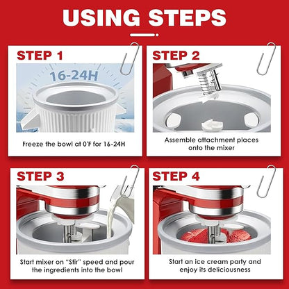 Ice Cream Maker Attachment for KitchenAid, Fits KitchenAid 4.5/5QT & 6QT Mixers, Frozen Ice Cream & Sorbet Gelato Maker, 2 Quart, White