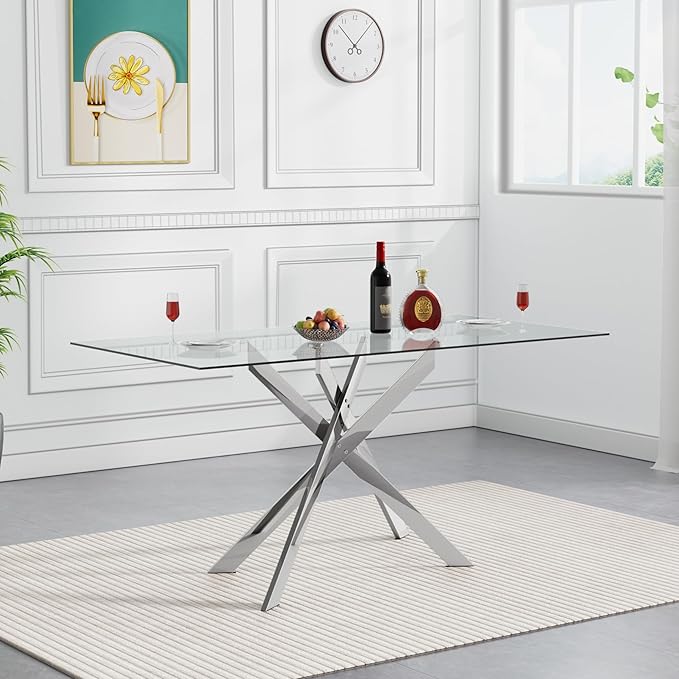 Silver Glass Dining Table for 4 Modern 51.2" Rectangular Kitchen Dining Room Table for 4 with X-Shape Metal Base Large Clear Glass Top Dining Tables for Home Kitchen