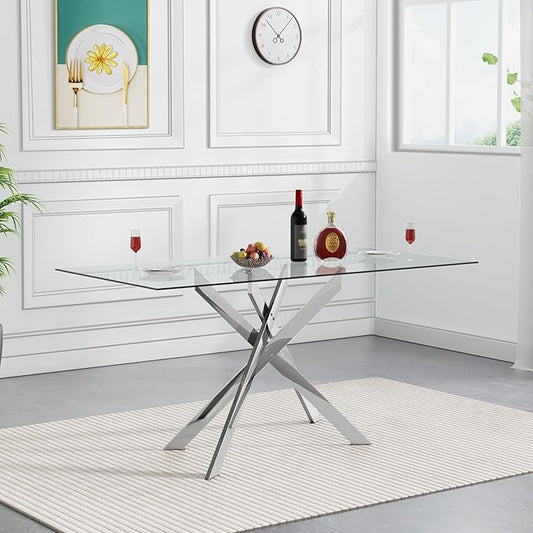 51.2'' Glass Dining Table for 4, Rectangular Dining Room Table for 4, X-Shape Silver Metal Legs, Kitchen Dining Room Living Room Glass Top Kitchen Table for 2