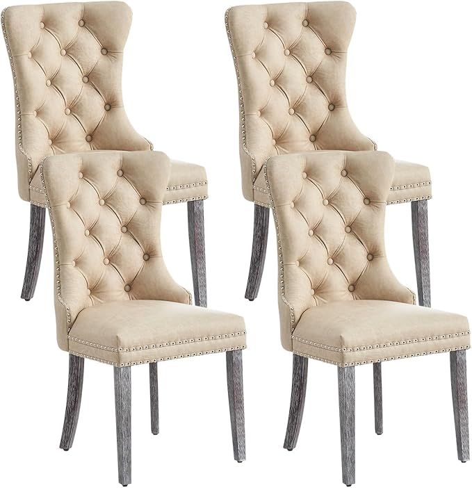 Eifizek Leather Dining Chair Set of 4, Dining Room Chairs with Nailhead Ring Pull Trim, Upholstered Dining Chairs with Solid Wood Legs for Kitchen Dining Room (Beige)