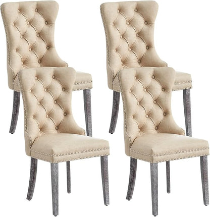 Eifizek Leather Dining Chair Set of 4, Dining Room Chairs with Nailhead Ring Pull Trim, Upholstered Dining Chairs with Solid Wood Legs for Kitchen Dining Room (Beige)