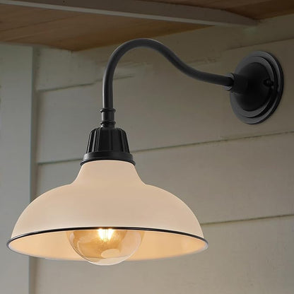 JONATHAN Y 12.25" Matte Almond/Black 1-Light Farmhouse Industrial Outdoor Sconce, LED Gooseneck Wall Light for Porch, Metal Bowl Shade, Dimmable Vintage Exterior Fixture, LED Bulb Included (JYL7613M)