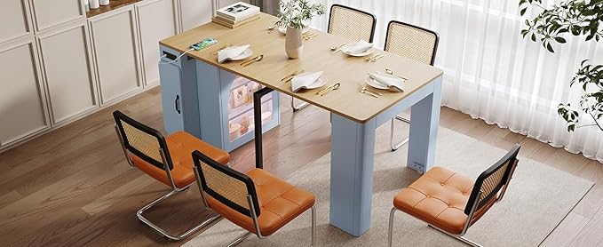 LifeSky Extendable Dining Table with Storage: Expandable Mobile Kitchen Island Table with Power Outlet & LED Light for Small Apartments - Modern Folding Cabinet Table for Dining Room & Living Room (Gr