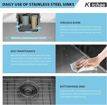 Kichae Black Drop In Bar Sink- 15x15 Small Overmount Topmount Stainless Steel Single Bowl Ledge Workstation Bar Prep Handmade Basin