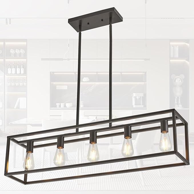 Kitchen Light Fixtures Farmhouse Rectangle Chandeliers Dining Room Light for Dining Rooms, Light Fixture Matte Oil Rubbed Bronze 5-Light Industrial Pendant Lighting