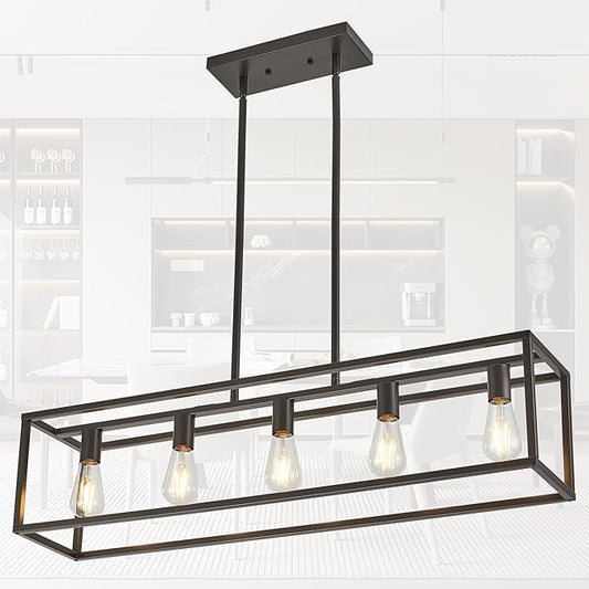 Kitchen Light Fixtures Farmhouse Rectangle Chandeliers Dining Room Light for Dining Rooms, Light Fixture Matte Oil Rubbed Bronze 5-Light Industrial Pendant Lighting