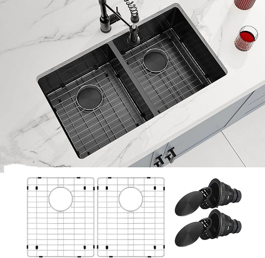 Double Bowl Black Kitchen Sink 31" X 18",50/50 Double Bowl Undermount Kitchen Sinks,16 Gauge Stainless Steel Undermount Black Sink