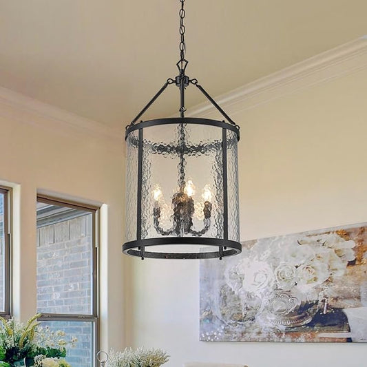 Lingkai Modern Black Chandelier, 4-Light Water Ripple Glass Light Fixture, Lantern Farmhouse Chandeliers for Dining Room, Living Room, Foyer