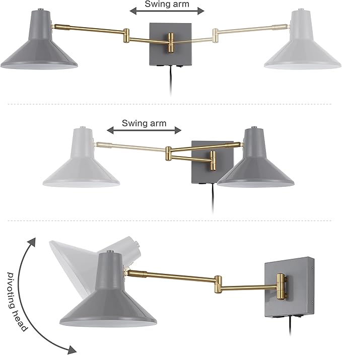 JONATHAN Y 16" Grey/Brass Gold 1-Light Modern Swing Arm Sconce with USB Port, Plug-in Midcentury LED Bedside Lamp with White Iron Shade for Bedroom Living Room (JYL1302C)