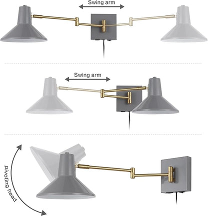JONATHAN Y 16" Grey/Brass Gold 1-Light Modern Swing Arm Sconce with USB Port, Plug-in Midcentury LED Bedside Lamp with White Iron Shade for Bedroom Living Room (JYL1302C)