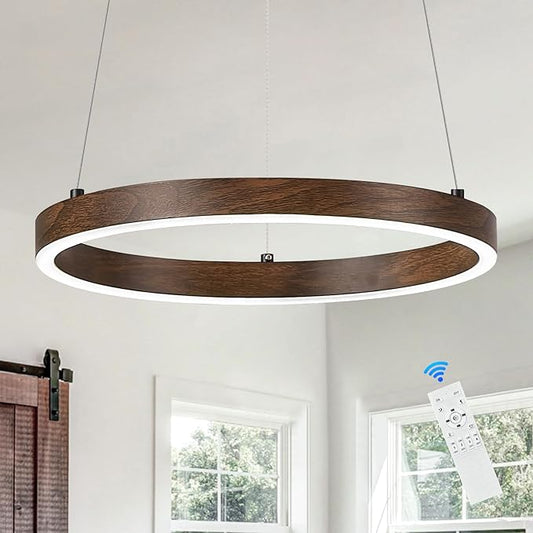 12in LED Ring Chandelier Wood Grain Modern Dimmable Pendant Light Height Adjustable Circular Hanging Ceiling Fixture for Kitchen Island Dining Table Entryway Sink