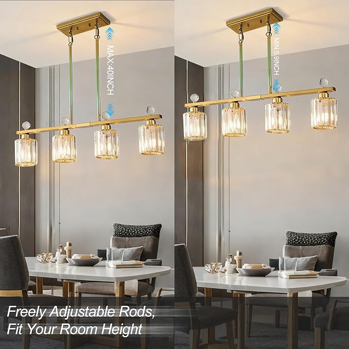 Modern Dining Room Light Fixture Over Table, Crystal Pendant Lights Kitchen Island, Chandeliers for Dining Room Kitchen Light Fixtures (E26) 4-Light Gold
