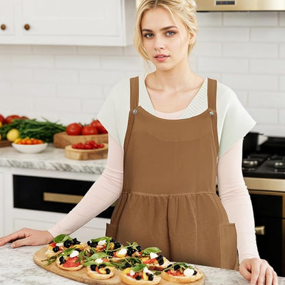 Cityelf Vintage Pinafore Apron Dress Snap Adjust Linen Cotton with Pockets Floral Aprons for Cooking Gardening