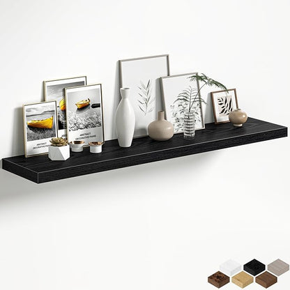 Black Floating Shelves for Wall, 55 Inch Floating Shelves Set of 1, Wall Mounted Rustic Wood Shelf for Bathroom, Living Room, Bedroom and Kitchen, Hanging Shelf for Storage, Books, Home Decor