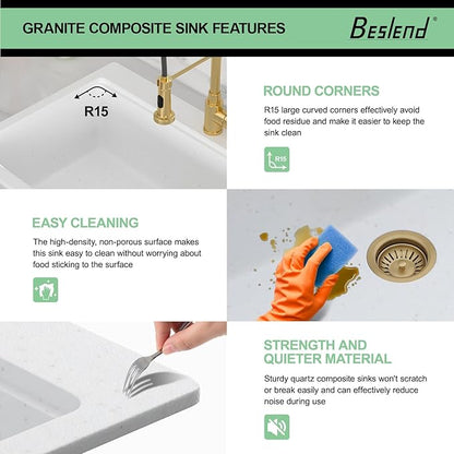 33 Granite Composite Kitchen Sink - Beslend 33x22 Drop In White Kitchen Sink, Topmount Granite Luxury Above Counter Worksation White Sinks Easy Clean Quartz Dish Basin for Kitchen Remodel