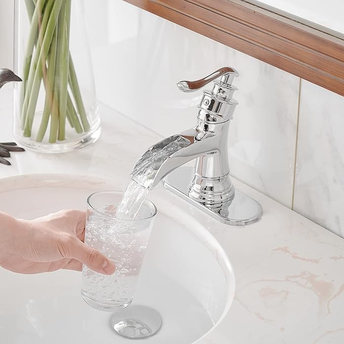 BWE Bathroom Faucet Chrome Waterfall Sink Bath Faucets Single Handle Hole Lavatory Vanity Restroom Commercial Water Supply Lines Hose