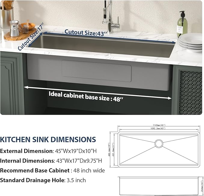 Lordear 45 Inch Undermount Kitchen Sink Super Large Ledge Workstation 16 Gauge Stainless Steel Single Bowl Under Counter Kitchen Sink with Built-in Accessories 45''x19''x10''