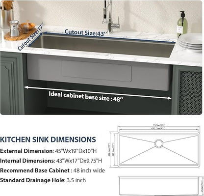 Lordear 45 Inch Undermount Kitchen Sink Super Large Ledge Workstation 16 Gauge Stainless Steel Single Bowl Under Counter Kitchen Sink with Built-in Accessories 45''x19''x10''