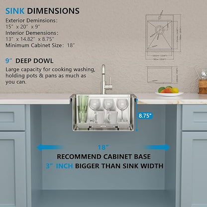 15"x20" Drop In Bar Prep Sink Workstation – 16 Gauge 304 Stainless Steel Top Mount Overmount Wet Bar RV Outdoor Kitchen Sink with Faucet