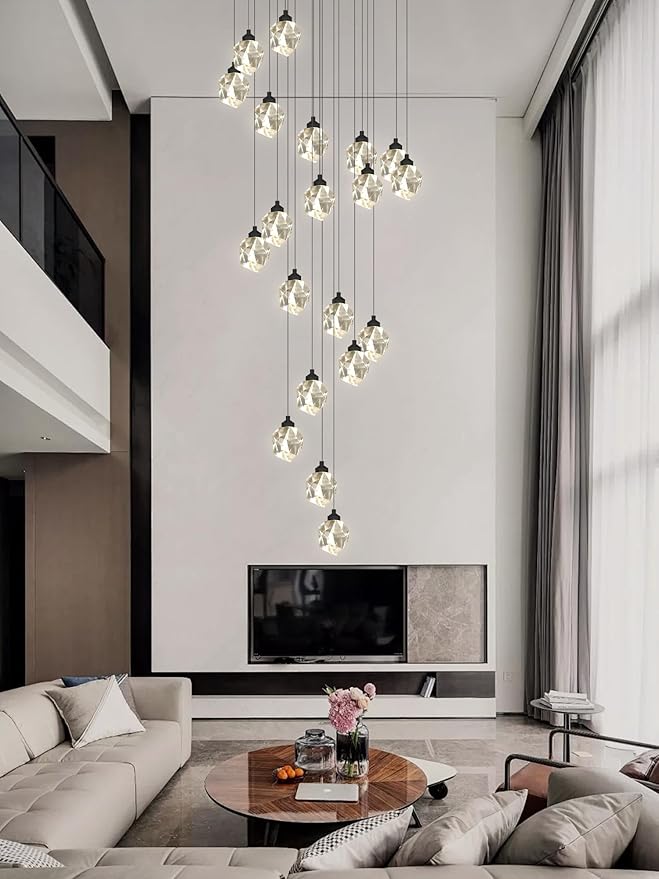 Large High Ceiling Chandeliers Modern Long Spiral Staircase Crystal Chandeliers,K9 Crystal Drop Chandelier for Foyer Entryway 20 Lights Black D28XH135inch