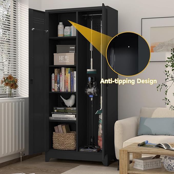 GREATMEET Metal Garage Storage Cabinet, 73" H Broom Closet Storage Cabinet, Locking Utility Cabinet with Doors and Shelves for Garage, Home, Black