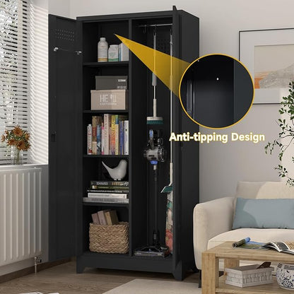 GREATMEET Metal Garage Storage Cabinet, 73" H Broom Closet Storage Cabinet, Locking Utility Cabinet with Doors and Shelves for Garage, Home, Black