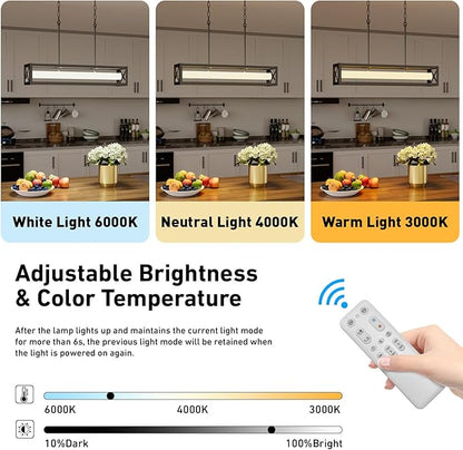 31.5" Farmhouse Kitchen Island Lighting, Black Rectangular Chandeliers for Dining Room Light Fixture, 30W LED Dimmable Linear Pendant Light for Kitchen Island Over Table with Remote