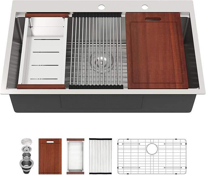 Sarlai 36 Inch Drop In Kitchen Sink - 36x22 Drop Kitchen Sink Ledge Workstation 16 Gauge Stainless Steel Sink Topmount Single Bowl Over Counter Kitchen Sinks Basin Round Corners