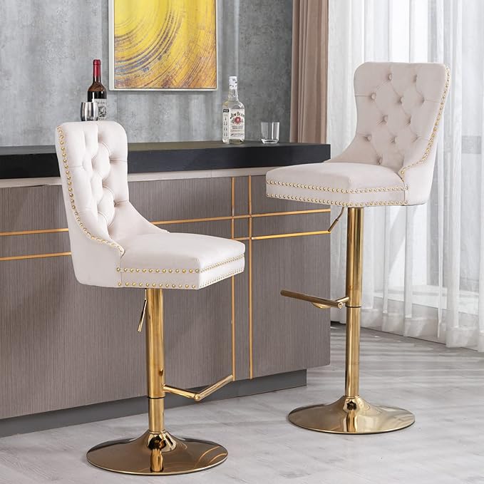 Set of 2 Velvet Bar Stools Swivel Dining Barstools with Adjustable Height 25-33 Inch Gold Bar Stools for Kitchen Island Counter Thick Swivel Velvet Barstools Counter Height Stools Beige