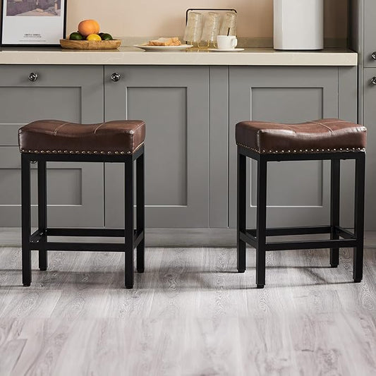 Sweetcrispy Bar Stools Set of 4, 24 Inch Counter Height Stools, PU Leather Upholstered Bar Chairs with Footrest, Modern Bar Stools for Kitchen Island, Dining, Living Room, Brown