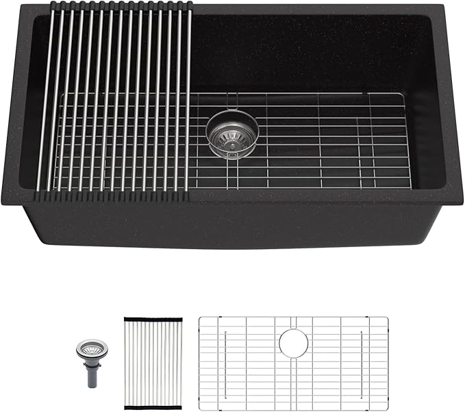 Mocoloo 33 Inch Granite Composite Kitchen Sink - 33 x 19 inch Black Undermount Kitchen Sinks, Matte Black Quartz Single Bowl Under Counter Sink