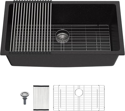 Mocoloo 33 Inch Granite Composite Kitchen Sink - 33 x 19 inch Black Undermount Kitchen Sinks, Matte Black Quartz Single Bowl Under Counter Sink